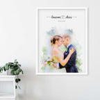 Watercolor-style portrait of a bride and groom embracing, in a white frame on a wall, with their names and a date above